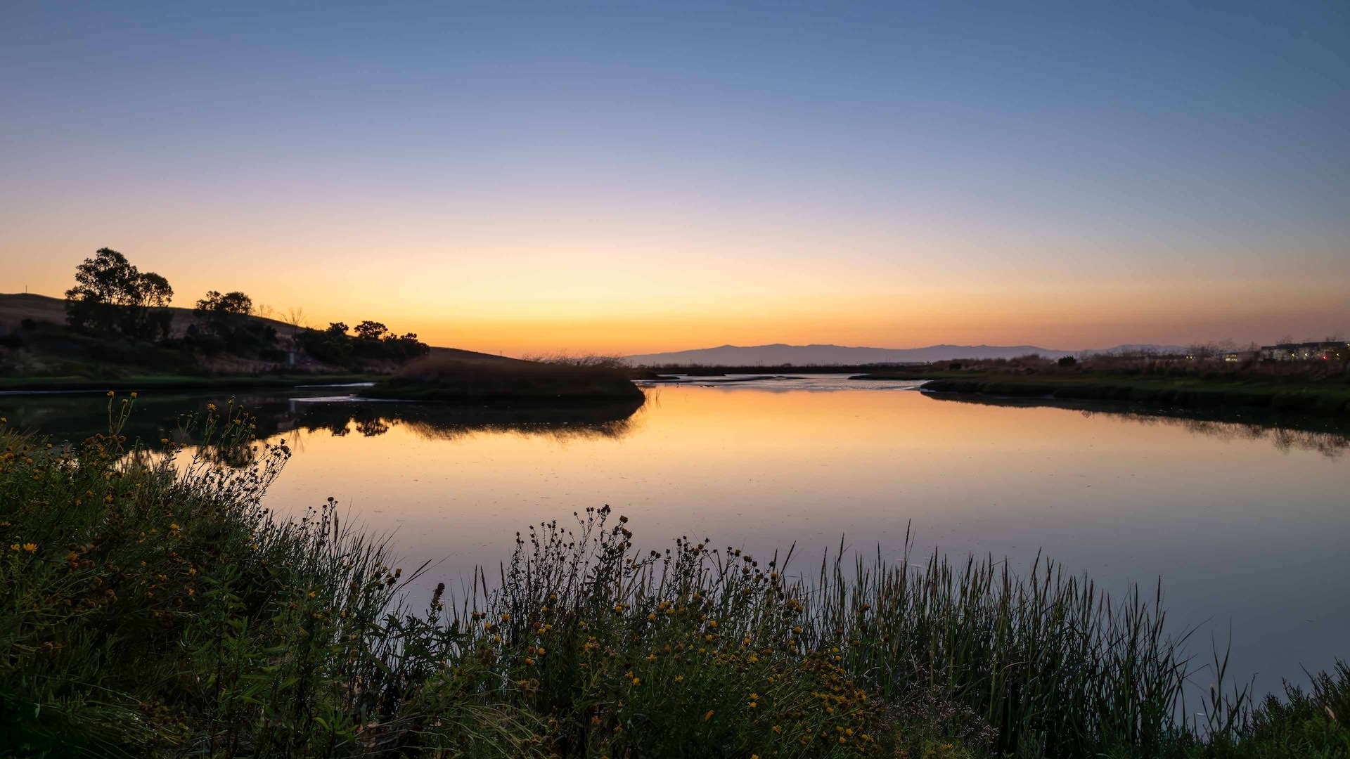 large natural lake at sunset